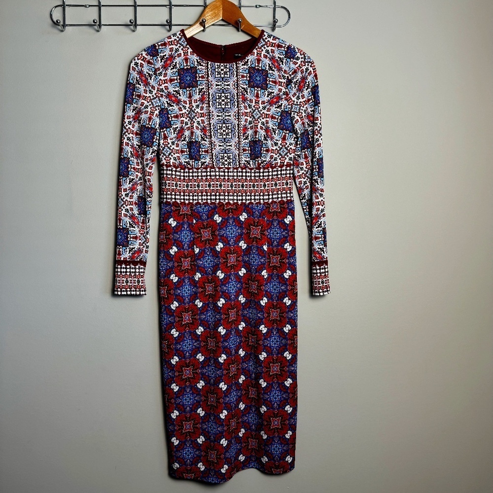 Maggy London Long Sleeve Lined Bohemian Pencil Maxi Dress Size 4 Cottage Boho